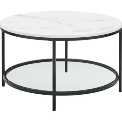 VASAGLE Couchtisch, Wohnzimmertisch, Sofatisch, Für Wohnzimmer, Mit Glasplatte, Einfacher Aufbau, Moderner Stil, Weiße Marmoroptik, Schwarzes Gestell LCT071B13 Von SONGMICS