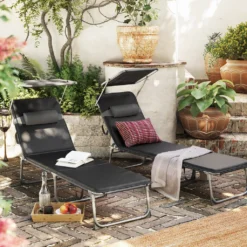 SONGMICS Sonnenliege, Liegestuhl Mit 3 Cm Dicker Auflage, Kopfstütze, Sonnendach, Rückenlehne Verstellbar, Klappbar, 53 X 193 X 29,5 Cm, Bis 150 Kg Belastbar, Garten, Balkon, Schwarz BCG193B01 -Songmics Verkaufsgeschäft 36eacd725319e15a40fdea34220e2cf3