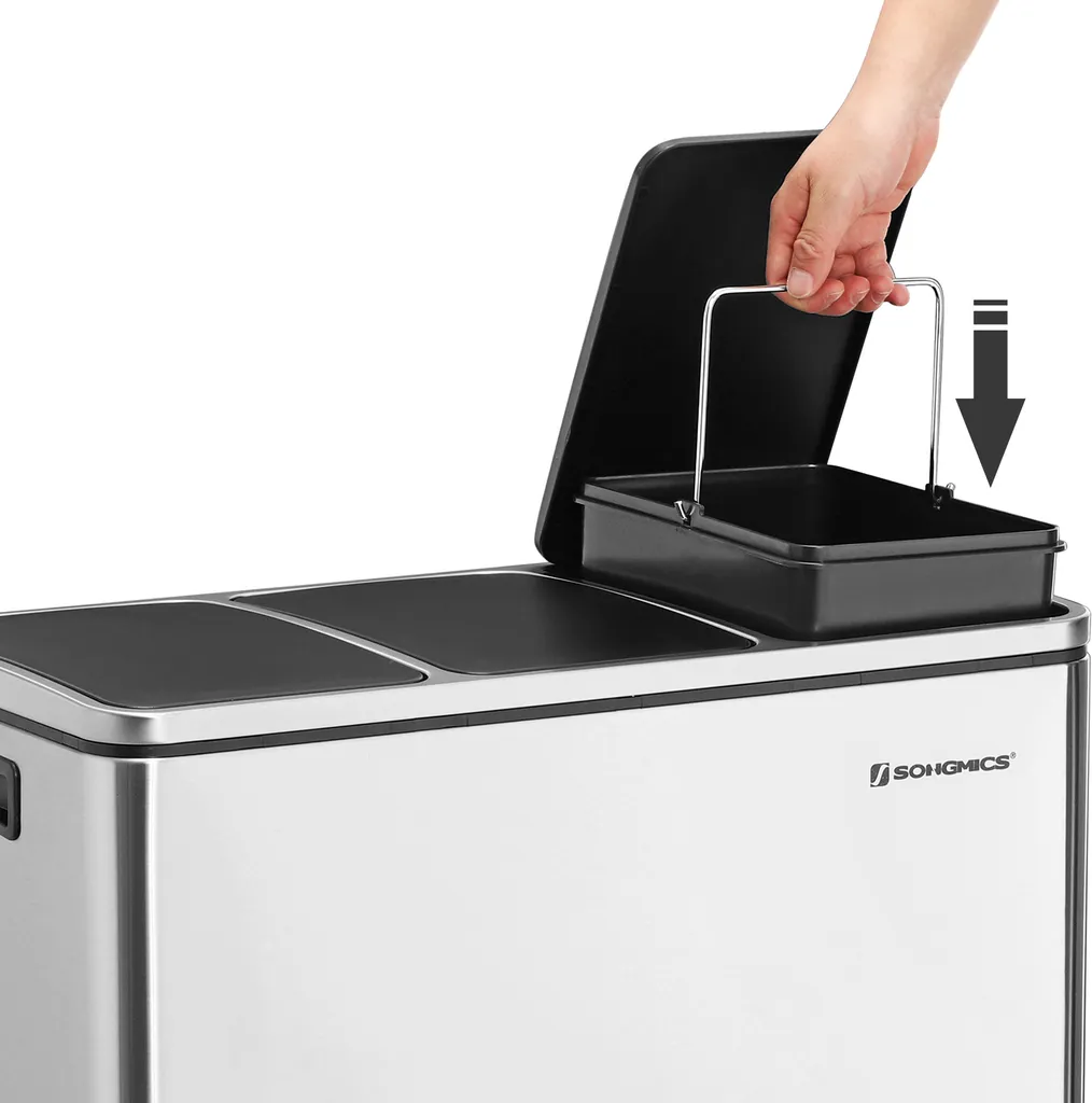 SONGMICS Mülleimer 54L Treteimer 3 X18L Edelstahl Abfalleimer Mit Fußpedal Handgriffen Und 3 Inneneimern Aus Kunststoff LTB54NL 4 SONGMICS Mülleimer 54L Treteimer 3 X18L Edelstahl Abfalleimer Mit Fußpedal Handgriffen Und 3 Inneneimern Aus Kunststoff LTB54NL - Image 4