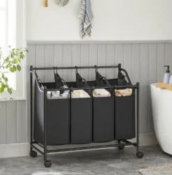 SONGMICS Wäschekorb Mit 4 Fächern 140 L Eisengestell 4 ×35 L Wäschewagen Wäschebehälter Auf Rollen Wäschesortierer Schwarz LSF005