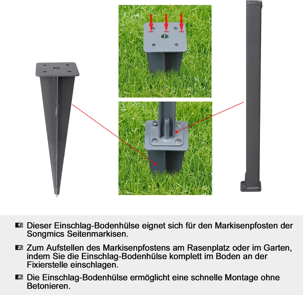 SONGMICS Erdanker, Bodenhalterung Für Standpfosten Von Seitenmarkisen, Bodenanker, Erdnagel, Nur Für SONGMICS Seitenmarkisen Mit Alu-Standpfosten Geeignet, 11,5 X 11,5 X 46 Cm, Grau GSA001 5 SONGMICS Erdanker, Bodenhalterung Für Standpfosten Von Seitenmarkisen, Bodenanker, Erdnagel, Nur Für SONGMICS Seitenmarkisen Mit Alu-Standpfosten Geeignet, 11,5 X 11,5 X 46 Cm, Grau GSA001 - Image 5