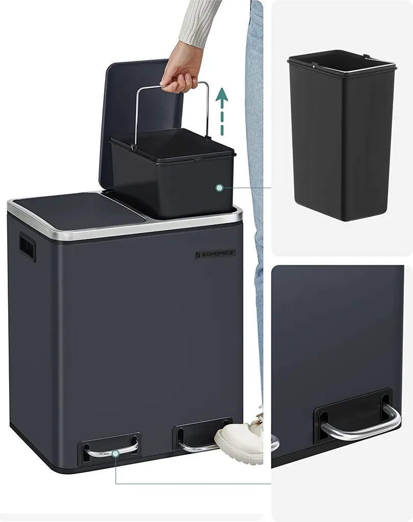 SONGMICS Mülleimer Treteimer Mit 2 Fächern 30 L Aus Metall 2 X 15 Liter Abfalleimer Mit Softclose Inneneimern Und Griffen Luftdicht Rauchgrau LTB30GS 5 SONGMICS Mülleimer Treteimer Mit 2 Fächern 30 L Aus Metall 2 X 15 Liter Abfalleimer Mit Softclose Inneneimern Und Griffen Luftdicht Rauchgrau LTB30GS - Image 5