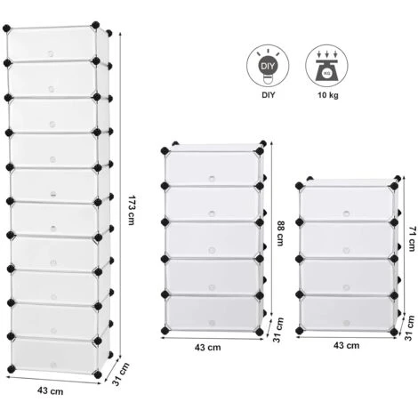 Songmics Schuhregal, DIY, Schuhschrank Mit Tür, 10 Ebenen, Aus PP-Kunststoff, Schuhablagen, Mit Gummihammer Und Umkippschutz, Halbtransparent Weiß LPC10W 4 Songmics Schuhregal, DIY, Schuhschrank Mit Tür, 10 Ebenen, Aus PP-Kunststoff, Schuhablagen, Mit Gummihammer Und Umkippschutz, Halbtransparent Weiß LPC10W - Image 4