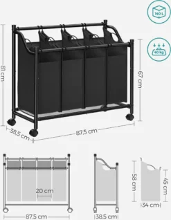 SONGMICS Wäschekorb Mit 4 Fächern 140 L Eisengestell 4 ×35 L Wäschewagen Wäschebehälter Auf Rollen Wäschesortierer Schwarz LSF005 -Songmics Verkaufsgeschäft 4278d741d31abca1358421c91af24c8d
