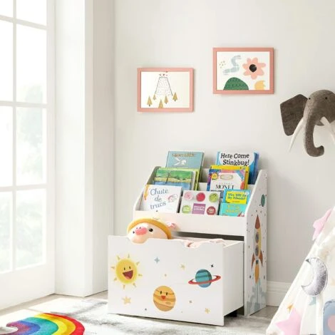 Songmics Spielzeugregal, Bücherregal Für Kinder, Kinderzimmerregal Mit 3 Fächern Und Herausziehbarer Spielzeugkiste Mit Rollen, Spielzeug-Organizer, Kinderzimmer, Für Bücher, Spielzeug, Weiß GKR41WT 2 Songmics Spielzeugregal, Bücherregal Für Kinder, Kinderzimmerregal Mit 3 Fächern Und Herausziehbarer Spielzeugkiste Mit Rollen, Spielzeug-Organizer, Kinderzimmer, Für Bücher, Spielzeug, Weiß GKR41WT - Image 2