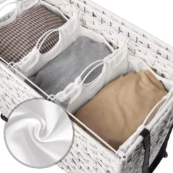 SONGMICS Wäschekorb Handgeflochten, Wäschesammler Aus Polyrattan, Mit 3 Fächern, Deckel Und Griffen, Herausnehmbare Taschen, Wohnzimmer, Schlafzimmer, Waschküche, Weiß LCB083W01 11 SONGMICS Wäschekorb Handgeflochten, Wäschesammler Aus Polyrattan, Mit 3 Fächern, Deckel Und Griffen, Herausnehmbare Taschen, Wohnzimmer, Schlafzimmer, Waschküche, Weiß LCB083W01 -Songmics Verkaufsgeschäft 4588e38f78e946e9cd63d24f907ae744