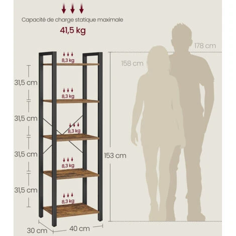 VASAGLE Bücherregal, Standregal, Aufbewahrungsregal Mit 5 Ebenen, Industrie-Design, Für Wohnzimmer, Büro, Arbeitszimmer Und Flur, Stahlgestell, Holzspanplatten, Vintagebraun-schwarz Von SONGMICS LLS10 5 VASAGLE Bücherregal, Standregal, Aufbewahrungsregal Mit 5 Ebenen, Industrie-Design, Für Wohnzimmer, Büro, Arbeitszimmer Und Flur, Stahlgestell, Holzspanplatten, Vintagebraun-schwarz Von SONGMICS LLS10 - Image 5