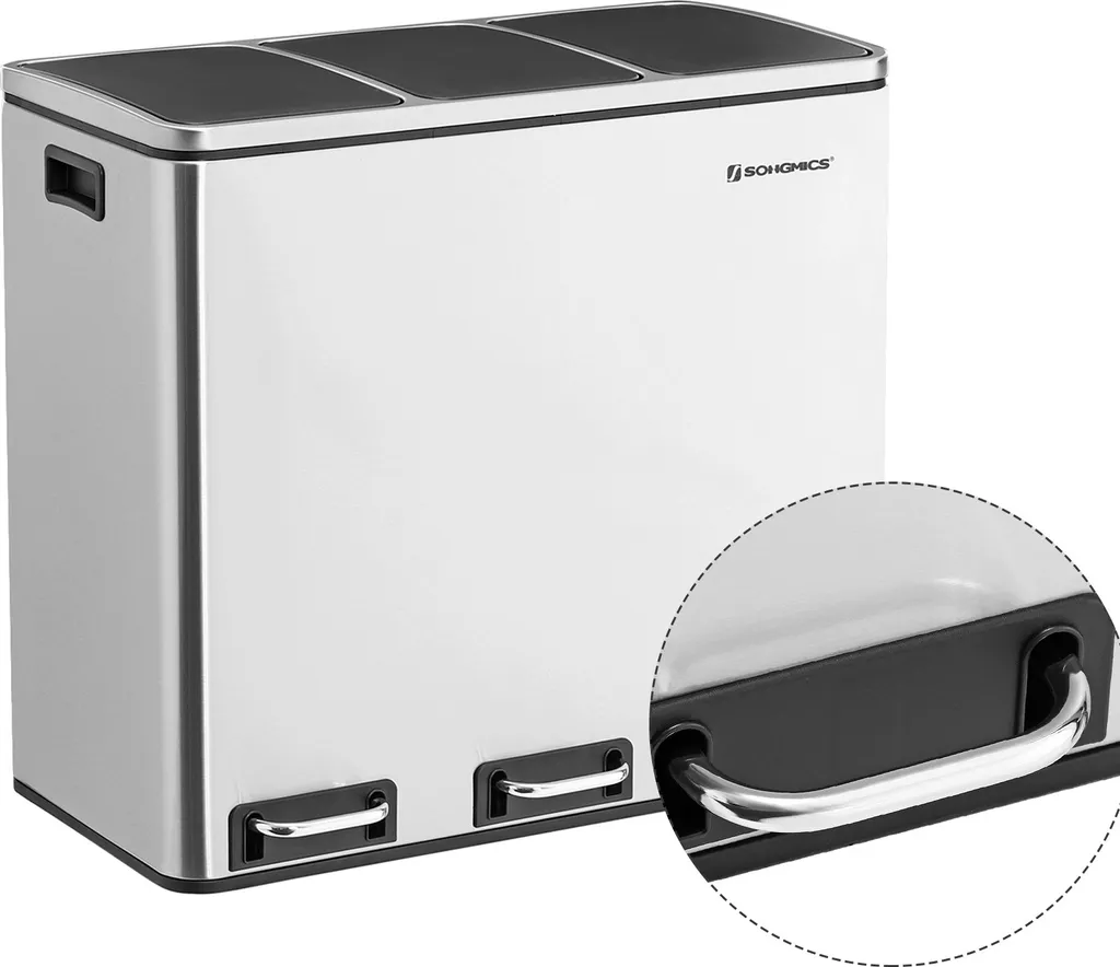 SONGMICS Mülleimer 54L Treteimer 3 X18L Edelstahl Abfalleimer Mit Fußpedal Handgriffen Und 3 Inneneimern Aus Kunststoff LTB54NL 6 SONGMICS Mülleimer 54L Treteimer 3 X18L Edelstahl Abfalleimer Mit Fußpedal Handgriffen Und 3 Inneneimern Aus Kunststoff LTB54NL - Image 6