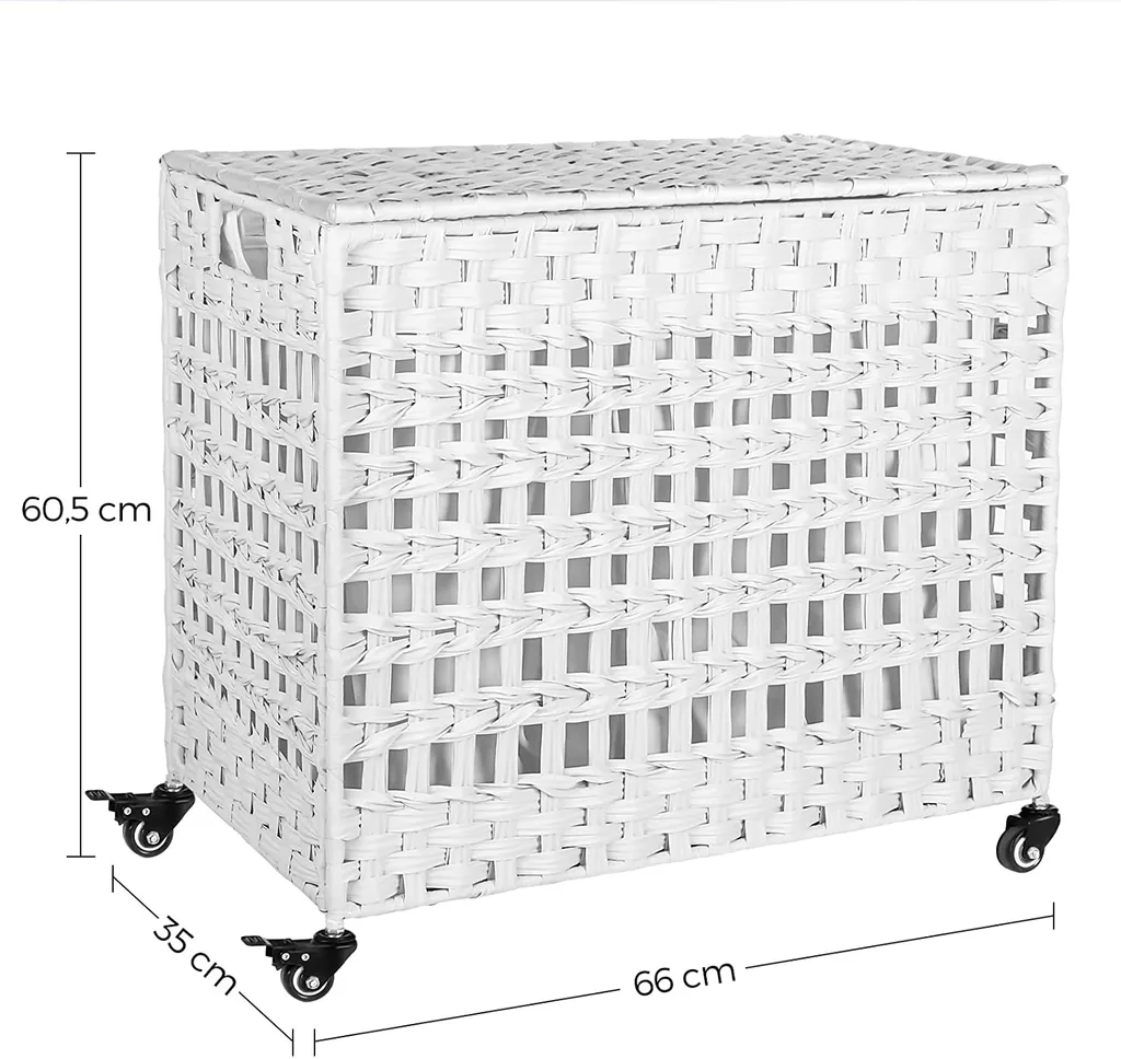 SONGMICS Wäschekorb Handgeflochten, Wäschesammler Aus Polyrattan, Mit 3 Fächern, Deckel Und Griffen, Herausnehmbare Taschen, Wohnzimmer, Schlafzimmer, Waschküche, Weiß LCB083W01 3 SONGMICS Wäschekorb Handgeflochten, Wäschesammler Aus Polyrattan, Mit 3 Fächern, Deckel Und Griffen, Herausnehmbare Taschen, Wohnzimmer, Schlafzimmer, Waschküche, Weiß LCB083W01 - Image 3