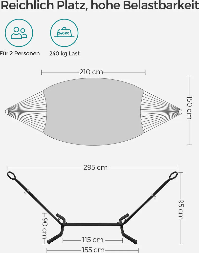 SONGMICS Hängematte Mit Gestell, 210 X 150 Cm, Auf 5 Verschiedene Höhen Verstellbar, Gestell Aus Metall, Bis 240 Kg Belastbar, Für Garten, Schwarzes Gestell Und Graue Hängematte GHS001G01 7 SONGMICS Hängematte Mit Gestell, 210 X 150 Cm, Auf 5 Verschiedene Höhen Verstellbar, Gestell Aus Metall, Bis 240 Kg Belastbar, Für Garten, Schwarzes Gestell Und Graue Hängematte GHS001G01 - Image 7
