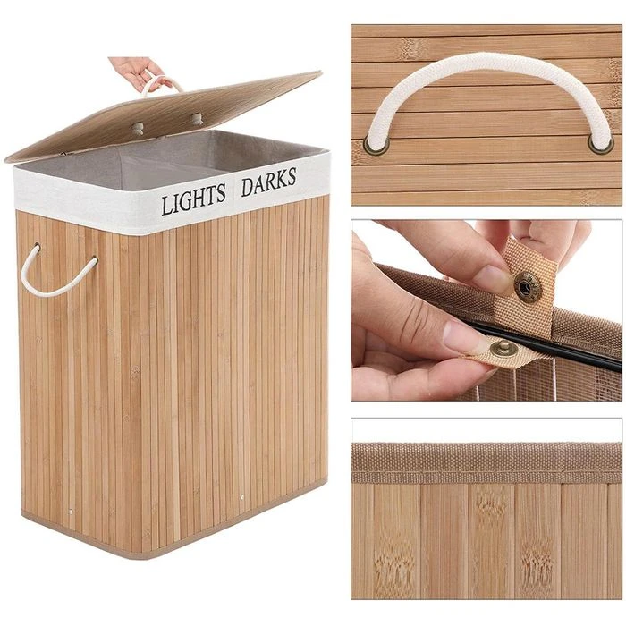 Songmics Wäschekorb LCB64Y, Natur, Mit 2 Fächern, Aus Bambus, Faltbar, 52 X 62,5 X 32 Cm, 100 Liter 2 Songmics Wäschekorb LCB64Y, Natur, Mit 2 Fächern, Aus Bambus, Faltbar, 52 X 62,5 X 32 Cm, 100 Liter - Image 2