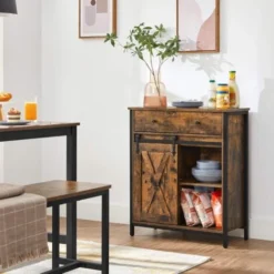 VASAGLE Beistellschrank, Sideboard Mit Regalebene Und Schublade, Küchenschrank, Kommode Mit Schiebetür Im Landhausstil, Industrie-Design, Vintagebraun-schwarz Von SONGMICS LSC100B01 7 VASAGLE Beistellschrank, Sideboard Mit Regalebene Und Schublade, Küchenschrank, Kommode Mit Schiebetür Im Landhausstil, Industrie-Design, Vintagebraun-schwarz Von SONGMICS LSC100B01 -Songmics Verkaufsgeschäft 52781444 3