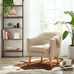 VASAGLE Sessel, Relaxsessel, Fernsehsessel, Loungesessel, Aus Stoff, Mit Gepolstertem Sitzkissen, Beine Aus Massivholz, Modern, Für Wohnzimmer, Esszimmer, Gästezimmer, Büro, Beige Von SONGMICS LAC005M