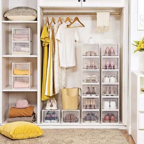 Songmics Schuhboxen, 18er Set, Aufbewahrungsboxen Für Schuhe, Schuh-Organizer, Kunststoffboxen, Faltbar Und Stapelbar, Für Schuhe Bis Größe 46, Transparent-weiß LSP18MWT 2 Songmics Schuhboxen, 18er Set, Aufbewahrungsboxen Für Schuhe, Schuh-Organizer, Kunststoffboxen, Faltbar Und Stapelbar, Für Schuhe Bis Größe 46, Transparent-weiß LSP18MWT - Image 2