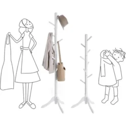 Songmics VASAGLE Garderobenständer, Kleiderständer Aus Massivholz, Freistehende Garderobe In Baumform, Mit 8 Haken, Für Jacken, Hüte, Taschen, Eingangsbereich, Flur, Kautschukholz, Weiß RCR60WT -Songmics Verkaufsgeschäft 53590260 4