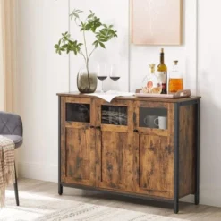 VASAGLE Sideboard, Küchenschrank, Aufbewahrungsschrank, Mit Glastüren, Für Wohnzimmer, Küche, Esszimmer, Stahlrahmen, Industriestil, Vintagebraun-schwarz Von SONGMICS LSC099B01 -Songmics Verkaufsgeschäft 53628408 2
