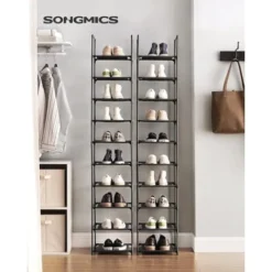 Songmics Schuhregal, Schuhablage, 10 Ebenen, Offener Schuhschrank, Schuhaufbewahrung, Schmal, 33 X 33 X 173 Cm, Metallgestell, Ablagen Aus Vliesstoff, Für Flur, Schlafzimmer, Schwarz LSR110B02