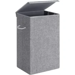 Songmics Wäschekorb LCB01G, Grau, Mit Deckel, Leinenimitat, Faltbar, 36 X 66 X 36 Cm, 85 Liter