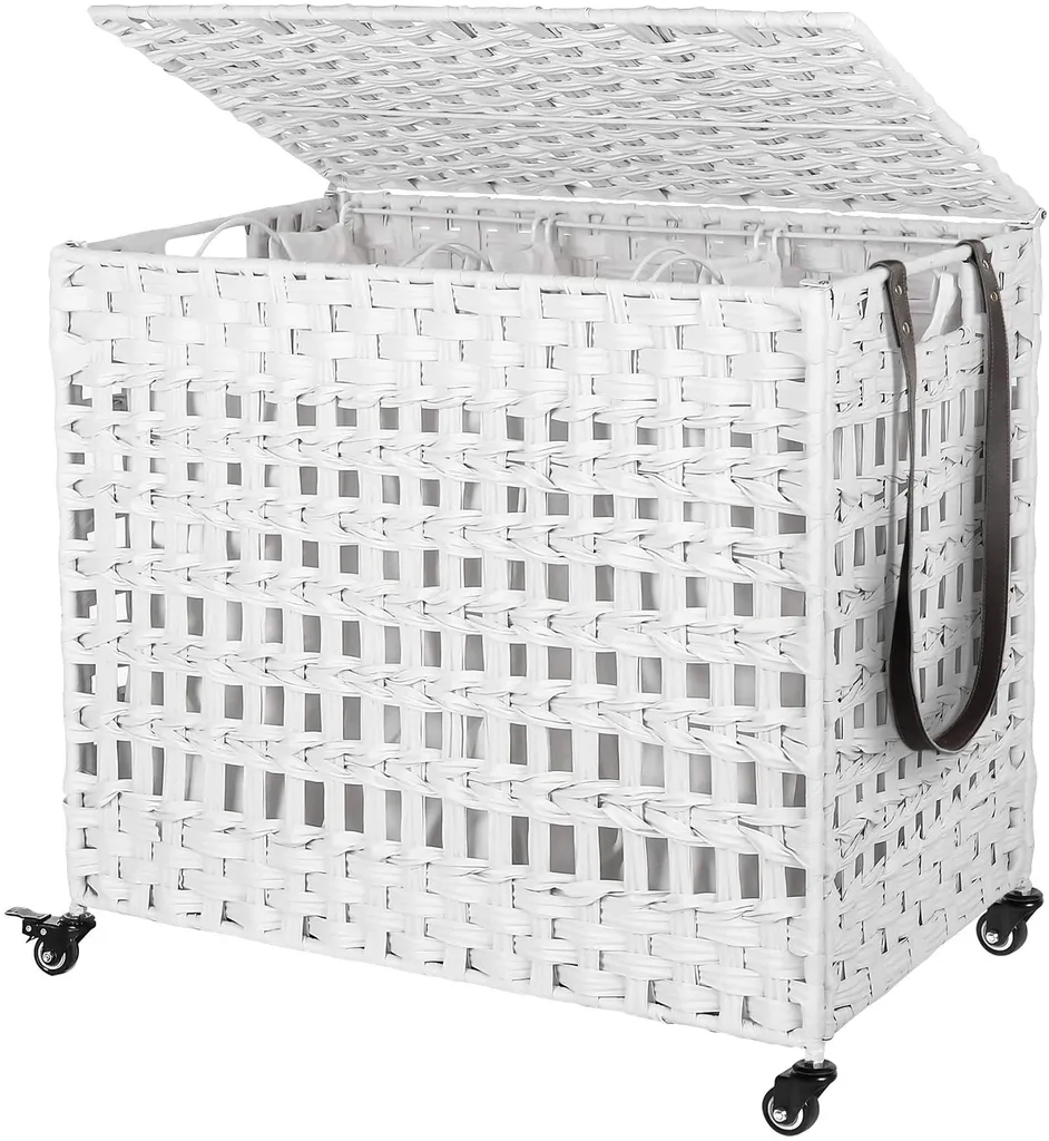 SONGMICS Wäschekorb Handgeflochten, Wäschesammler Aus Polyrattan, Mit 3 Fächern, Deckel Und Griffen, Herausnehmbare Taschen, Wohnzimmer, Schlafzimmer, Waschküche, Weiß LCB083W01 7 SONGMICS Wäschekorb Handgeflochten, Wäschesammler Aus Polyrattan, Mit 3 Fächern, Deckel Und Griffen, Herausnehmbare Taschen, Wohnzimmer, Schlafzimmer, Waschküche, Weiß LCB083W01 - Image 7