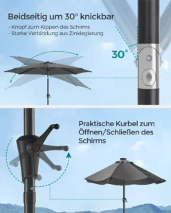 SONGMICS Sonnenschirm 300 Cm Mit LED-Solar-Beleuchtung, 32 LED-Lämpchen, UV-Schutz UPF 50+, Beidseitig Um 30° Knickbar, Ohne Ständer, Grau GPU33GY -Songmics Verkaufsgeschäft 5dca23d3d7df45e79680d55e2bc4fdf4