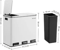 SONGMICS Mülleimer 54L Treteimer Mit 3 Fächern 3 X 18L Abfalleimer Softclose Mülltrennsystem Mit Fußpedalen Weiß LTB54WT -Songmics Verkaufsgeschäft 5e085518ecd32becf621c3cee76d4369