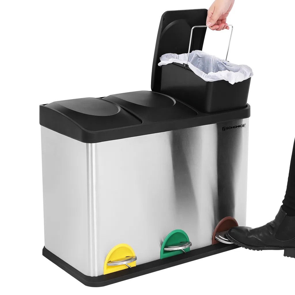 SONGMICS Mülleimer Abfalleimer Treteimer Mit Fußpedal Handgriffen Und 3 Inneneimern Aus Kunststoff Edelstahl LTB45L 3 SONGMICS Mülleimer Abfalleimer Treteimer Mit Fußpedal Handgriffen Und 3 Inneneimern Aus Kunststoff Edelstahl LTB45L - Image 3