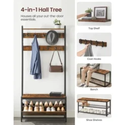 VASAGLE Garderobenständer Mit Schuhschrank, Garderobe Mit Sitzbank, Kleiderständer, Schuhkipper, 9 Haken, Obere Ablage, Für Flur, Schlafzimmer, Industrie-Design, Vintagebraun-schwarz Von SONGMICS HSR4 -Songmics Verkaufsgeschäft 65913711 3