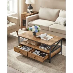 VASAGLE Couchtisch, Wohnzimmertisch, Sofatisch, Für Wohnzimmer, Mit Schubladen, X-förmige Streben, Offenes Fach, Industrie-Design, Walnussbraun-schwarz Von Songmics LCT201B41
