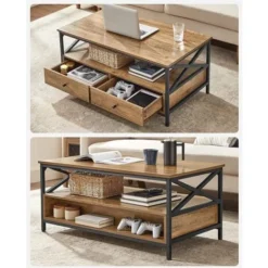 VASAGLE Couchtisch, Wohnzimmertisch, Sofatisch, Für Wohnzimmer, Mit Schubladen, X-förmige Streben, Offenes Fach, Industrie-Design, Walnussbraun-schwarz Von Songmics LCT201B41 -Songmics Verkaufsgeschäft 72534847 4