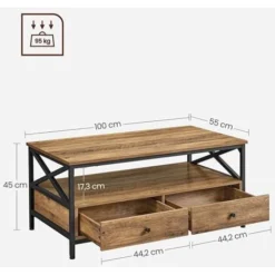 VASAGLE Couchtisch, Wohnzimmertisch, Sofatisch, Für Wohnzimmer, Mit Schubladen, X-förmige Streben, Offenes Fach, Industrie-Design, Walnussbraun-schwarz Von Songmics LCT201B41 -Songmics Verkaufsgeschäft 72534847 5