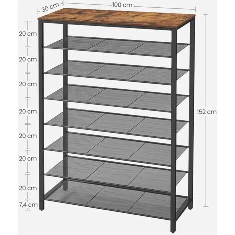 Songmics VASAGLE Schuhregal, Schuhablage, Schuhständer, 8 Ebenen, 7 Gitterablagen, Für 32-40 Paar Schuhe, Aufbewahrungsregal, Flur, Schlafzimmer, Wohnzimmer, 100 X 30 X 152 Cm, Vintagebraun-schwarz Von SONGMIC 5 Songmics VASAGLE Schuhregal, Schuhablage, Schuhständer, 8 Ebenen, 7 Gitterablagen, Für 32-40 Paar Schuhe, Aufbewahrungsregal, Flur, Schlafzimmer, Wohnzimmer, 100 X 30 X 152 Cm, Vintagebraun-schwarz Von SONGMIC - Image 5