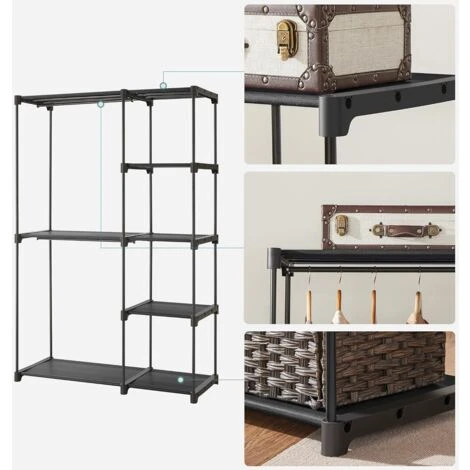 SONGMICS Kleiderschrank, Kleiderständer, Freistehende Garderobe, Faltbar, Kleiderständer Mit Kleiderstangen, Garderobenständer,112 X 43 X 165 Cm, Schwarz RYG24BK 3 SONGMICS Kleiderschrank, Kleiderständer, Freistehende Garderobe, Faltbar, Kleiderständer Mit Kleiderstangen, Garderobenständer,112 X 43 X 165 Cm, Schwarz RYG24BK - Image 3