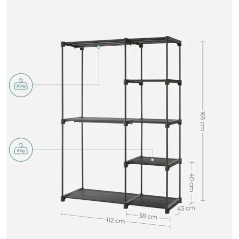 SONGMICS Kleiderschrank, Kleiderständer, Freistehende Garderobe, Faltbar, Kleiderständer Mit Kleiderstangen, Garderobenständer,112 X 43 X 165 Cm, Schwarz RYG24BK 5 SONGMICS Kleiderschrank, Kleiderständer, Freistehende Garderobe, Faltbar, Kleiderständer Mit Kleiderstangen, Garderobenständer,112 X 43 X 165 Cm, Schwarz RYG24BK - Image 5