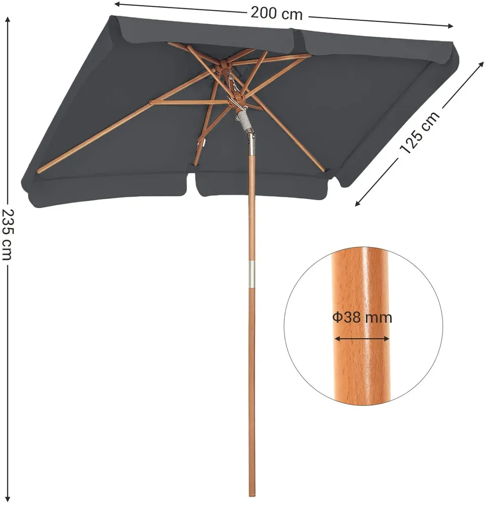 SONGMICS 200 × 125 Cm Holz-Sonnenschirm, Marktschirm, UV-Schutz UPF 50+, Gartenschirm, Terrassenschirm, Sonnenschutz, Ohne Ständer Grau GPU26GY 7 SONGMICS 200 × 125 Cm Holz-Sonnenschirm, Marktschirm, UV-Schutz UPF 50+, Gartenschirm, Terrassenschirm, Sonnenschutz, Ohne Ständer Grau GPU26GY - Image 7