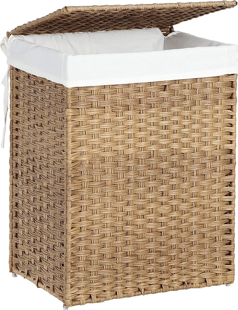 SONGMICS Wäschekorb Handgeflochten, 90 L, Wäschesammler Aus Synthetischem Rattan, Mit Deckel Und Griffen, Faltbar, Wäschesack Herausnehmbar, Naturfarben LCB51NL 1 SONGMICS Wäschekorb Handgeflochten, 90 L, Wäschesammler Aus Synthetischem Rattan, Mit Deckel Und Griffen, Faltbar, Wäschesack Herausnehmbar, Naturfarben LCB51NL