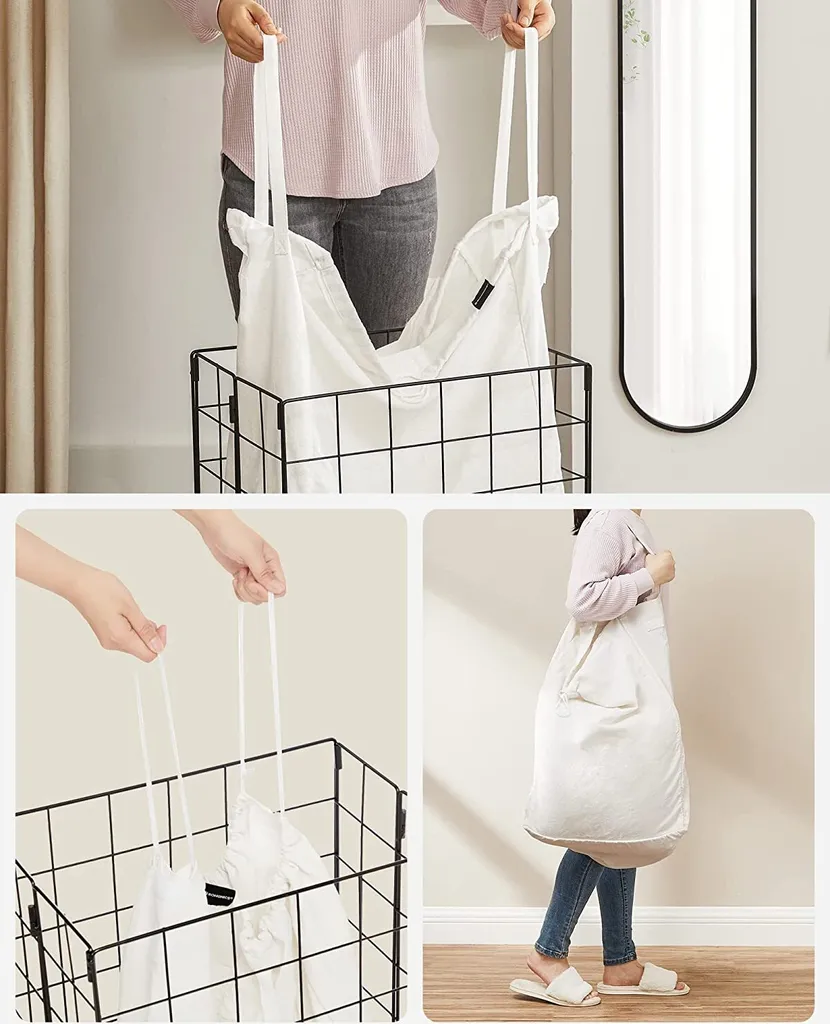 SONGMICS Wäschekorb 90L, Faltbarer Wäschesammler, Abnehmbarer Und Waschbarer Wäschesack, Metalldrahtgestell, Für Schlafzimmer, Bad, Waschküche, Schwarz-weiß LCB190W01 5 SONGMICS Wäschekorb 90L, Faltbarer Wäschesammler, Abnehmbarer Und Waschbarer Wäschesack, Metalldrahtgestell, Für Schlafzimmer, Bad, Waschküche, Schwarz-weiß LCB190W01 - Image 5