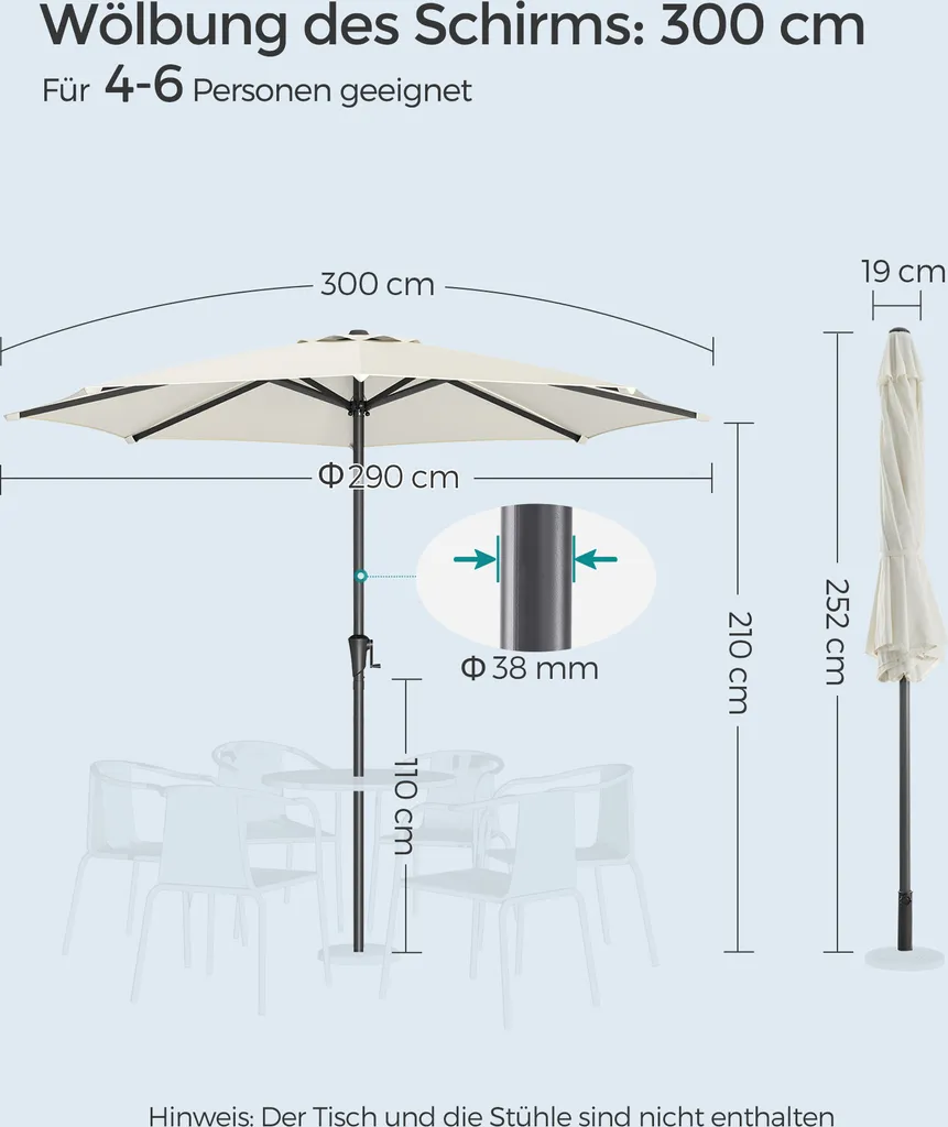SONGMICS Sonnenschirm 300 Cm, UPF 50+, Beidseitig Um 30° Knickbar, Sonnenschutz, Mit Kurbel Zum Öffnen/Schließen, Beige GPU30BE 7 SONGMICS Sonnenschirm 300 Cm, UPF 50+, Beidseitig Um 30° Knickbar, Sonnenschutz, Mit Kurbel Zum Öffnen/Schließen, Beige GPU30BE - Image 7