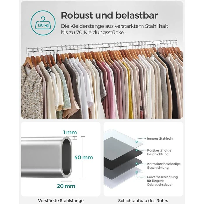 Songmics Garderobenständer HSR11S, Bis 130 Kg, Mit Rollen, Ausziehbar, Metall, Silber 3 Songmics Garderobenständer HSR11S, Bis 130 Kg, Mit Rollen, Ausziehbar, Metall, Silber - Image 3