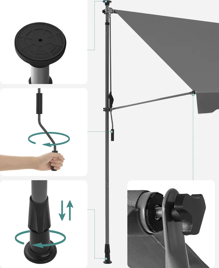 SONGMICS Balkonmarkise, 300 Cm, Alu-Klemmmarkise, 280 G/m² Polyester, Höhenverstellbar, Sonnenmarkise, Mit Handkurbel, Sonnenschutz, Für Balkon, Terrasse, Garten, Anthrazit GSA313G02 6 SONGMICS Balkonmarkise, 300 Cm, Alu-Klemmmarkise, 280 G/m² Polyester, Höhenverstellbar, Sonnenmarkise, Mit Handkurbel, Sonnenschutz, Für Balkon, Terrasse, Garten, Anthrazit GSA313G02 - Image 6