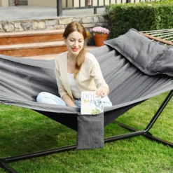 SONGMICS Hängematte, 210 X 150 Cm, Mit 2 Kissen, Bis Zu 300 Kg Belastbar, Mit 2 Holzstangen, Outdoor, Grau GDC022G01 -Songmics Verkaufsgeschäft 83a14864fb278c6f8f637554a8682a1e