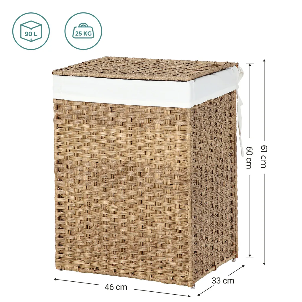 SONGMICS Wäschekorb Handgeflochten, 90 L, Wäschesammler Aus Synthetischem Rattan, Mit Deckel Und Griffen, Faltbar, Wäschesack Herausnehmbar, Naturfarben LCB51NL 7 SONGMICS Wäschekorb Handgeflochten, 90 L, Wäschesammler Aus Synthetischem Rattan, Mit Deckel Und Griffen, Faltbar, Wäschesack Herausnehmbar, Naturfarben LCB51NL - Image 7