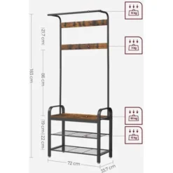 VASAGLE Kleiderständer Garderobenständer Rustikal Mit 9 Abnehmbaren Haken Schuhregal Mit Sitzfläche 3 Ablagen Holz Metall 72 X 183 X 33.7cm Vintage Von SONGMICS HSR40B -Songmics Verkaufsgeschäft 8647714 4
