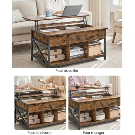 VASAGLE Couchtisch, Höhenverstellbarer Wohnzimmertisch, Kaffeetisch, Offener Und Versteckter Stauraum, X-Streben, 60 X 100 X (48-62) Cm, Vintagebraun-schwarz Von Songmics LCT205B01 4 VASAGLE Couchtisch, Höhenverstellbarer Wohnzimmertisch, Kaffeetisch, Offener Und Versteckter Stauraum, X-Streben, 60 X 100 X (48-62) Cm, Vintagebraun-schwarz Von Songmics LCT205B01 - Image 4