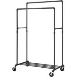 SONGMICS Kleiderständer Auf Rollen, Bis 110 Kg Belastbar, Im Industriedesign, Mobiler Garderobenständer Mit 2 Kleiderstangen Und 1 Ablage, Schwerlast, Zur Warenpräsentation, Schwarz HSR60B