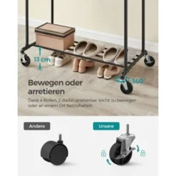 SONGMICS Kleiderständer Auf Rollen, Bis 110 Kg Belastbar, Im Industriedesign, Mobiler Garderobenständer Mit 2 Kleiderstangen Und 1 Ablage, Schwerlast, Zur Warenpräsentation, Schwarz HSR60B -Songmics Verkaufsgeschäft 8944599 4