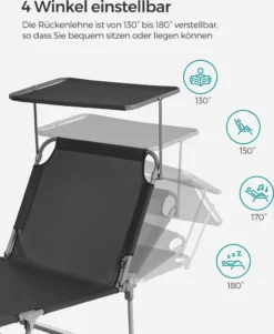 SONGMICS Große Sonnenliege, Klappbarer Liegestuhl, 200 X 71 X 38 Cm, Belastbarkeit 150 Kg, Mit Sonnenschutz, Kopfstütze Und Verstellbarer Rückenlehne, Für Garten Pool Terrasse, Anthrazit GCB22GYV2 -Songmics Verkaufsgeschäft 8955b4bfb94d1230945c4dca981c0dd0