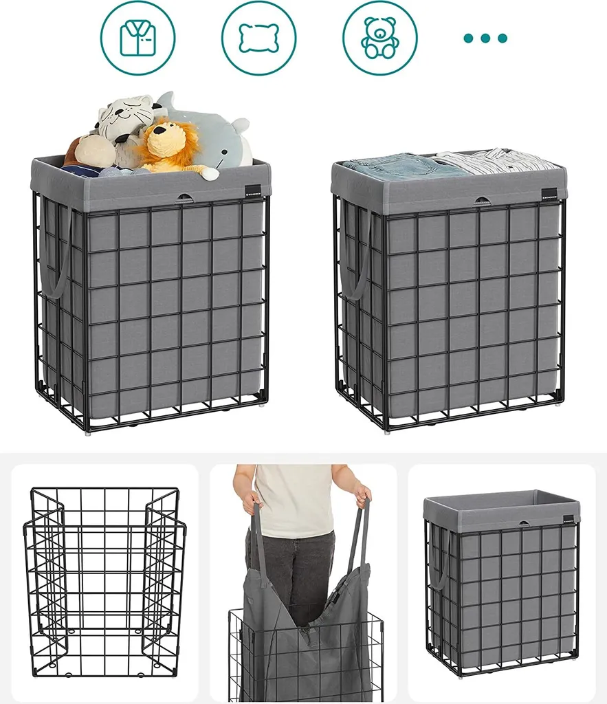 SONGMICS Wäschekorb 90L, Faltbarer Wäschesammler, Abnehmbarer Und Waschbarer Wäschesack, Metalldrahtgestell, Für Schlafzimmer, Bad, Waschküche, Schwarz-grau LCB190G01 7 SONGMICS Wäschekorb 90L, Faltbarer Wäschesammler, Abnehmbarer Und Waschbarer Wäschesack, Metalldrahtgestell, Für Schlafzimmer, Bad, Waschküche, Schwarz-grau LCB190G01 - Image 7