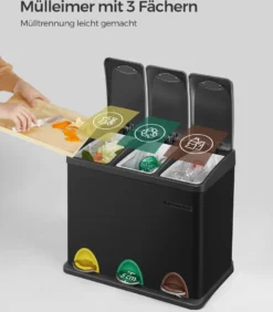 SONGMICS Mülleimer Für Die Küche, 3 X 8 Liter, Abfalleimer Aus Metall, 3-in-1 Treteimer, Mülltrennung, Mülltrennsystem, 15 Müllbeutel, Einfach Zu Reinigen, Stahl, Schwarz LTB24BK -Songmics Verkaufsgeschäft 9124d9d78c793925a27b0b8b745fce48