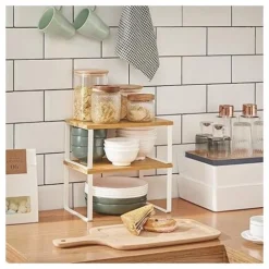 SONGMICS Gewürzregal, 2er Set, Küchenregal, Küchen-Organizer, Erweiterbar, Gewürzhalter, Stapelbar, Aus Metall Und Holzwerkstoff, Weiß-naturfarben -Songmics Verkaufsgeschäft 93380952 4