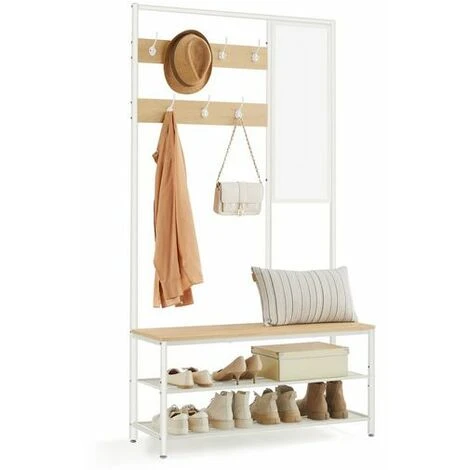 Kleiderständer, Garderobe, Garderobenständer Mit Haken, Spiegel, Sitzbank, 35 X 98 X 180 Cm, Für Eingangsbereich, Schlafzimmer, Wohnzimmer, Industrie-Design, Eichenfarben-Weiß Von SONGMICS HSR415W09 2 Kleiderständer, Garderobe, Garderobenständer Mit Haken, Spiegel, Sitzbank, 35 X 98 X 180 Cm, Für Eingangsbereich, Schlafzimmer, Wohnzimmer, Industrie-Design, Eichenfarben-Weiß Von SONGMICS HSR415W09 - Image 2
